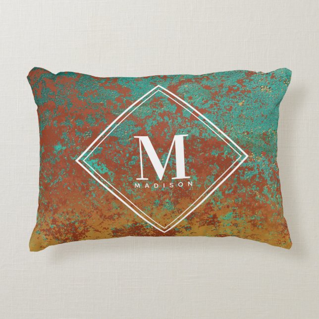 Copper Turquoise Metallic Texture Monogram Initial Decorative Cushion (Front)