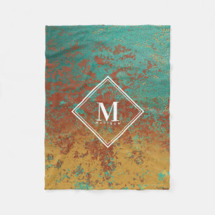Copper Turquoise Metallic Texture Monogram Initial Fleece Blanket