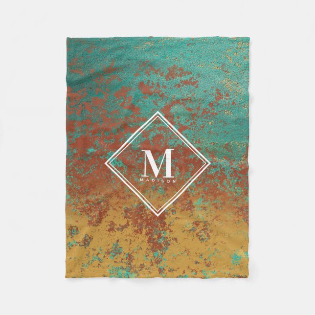 Copper Turquoise Metallic Texture Monogram Initial Fleece Blanket (Front)