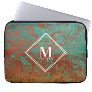 Copper Turquoise Metallic Texture Monogram Initial Laptop Sleeve