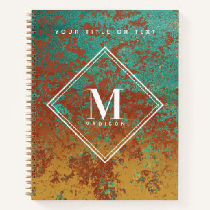 Copper Turquoise Metallic Texture Monogram Initial Notebook