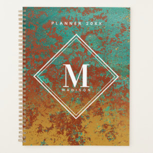 Copper Turquoise Metallic Texture Monogram Initial Planner