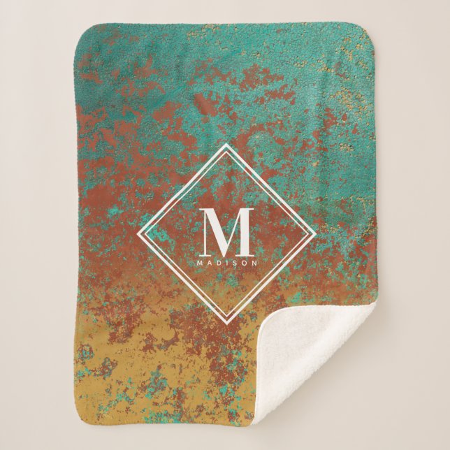 Copper Turquoise Metallic Texture Monogram Initial Sherpa Blanket (Front)