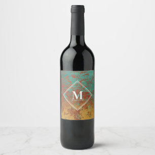 Copper Turquoise Metallic Texture Monogram Initial Wine Label