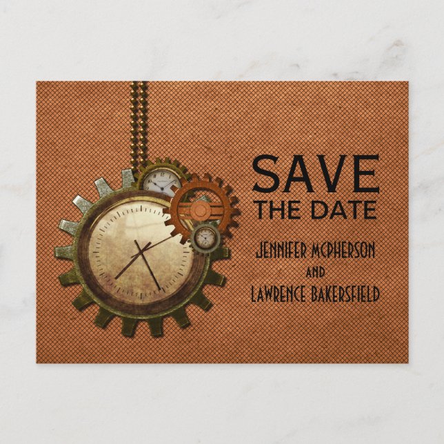 Copper Vintage Clock Save the Date Postcard (Front)