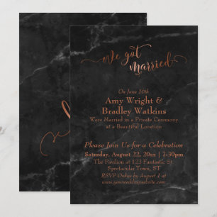 Copper We Got Married Script on Black Marble Invitation
