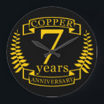 Copper wedding anniversary 7  years large clock<br><div class="desc">A design to celebrate 7 years of marriage. This design has a yellow (the traditional colour for this anniversary) coloured laurel design on a black background. Copper is the traditional gift for this occasion, in the USA. The text reads copper 7 years anniversary. A romantic design to celebrate your 7th...</div>