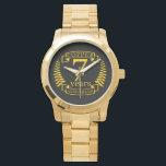 Copper wedding anniversary 7 years watch<br><div class="desc">A design to celebrate 7 years of marriage. This design has a yellow (the traditional colour for this anniversary) coloured laurel design on a black background. Copper is the traditional gift for this occasion, in the USA. The text reads copper 7 years anniversary. A romantic design to celebrate your 7th...</div>