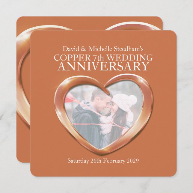 Copper wedding heart 7 years party invite (Front/Back)
