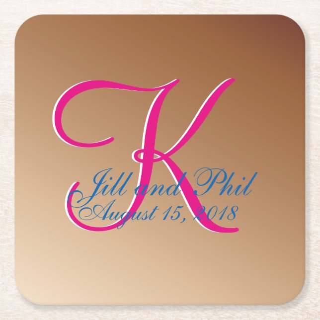 Copper Wedding Monogram Square Paper Coaster (Front)