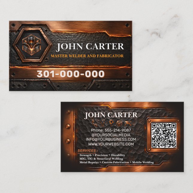 Copper Welder Welding Services Metal Logo QR Code  Business Card (Front/Back)