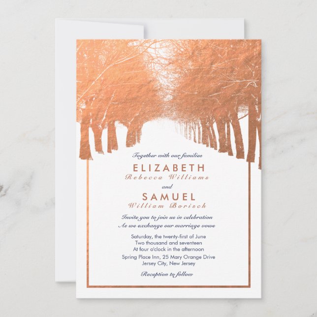 Copper Winter Trees Avenue Navy Wedding Invitation (Front)
