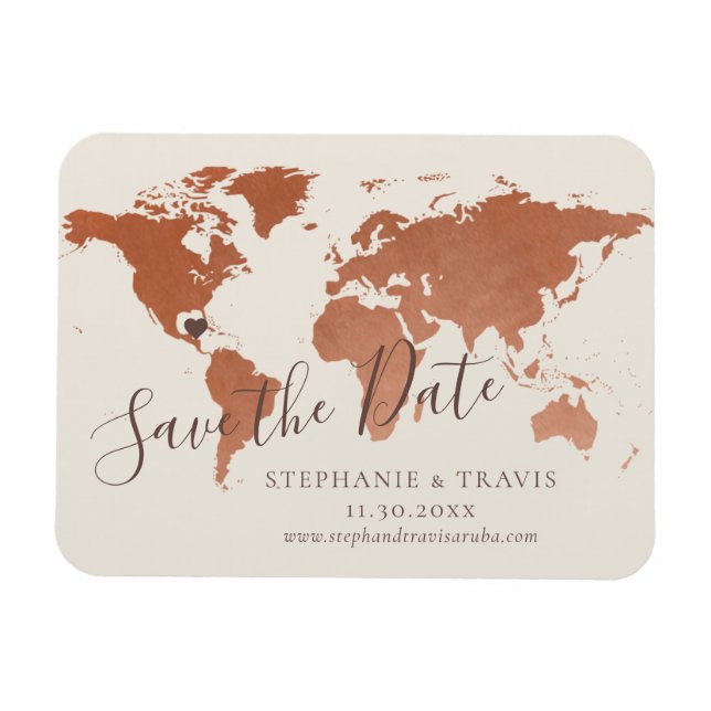 Copper World Map Destination Wedding Save the Date Magnet (Horizontal)