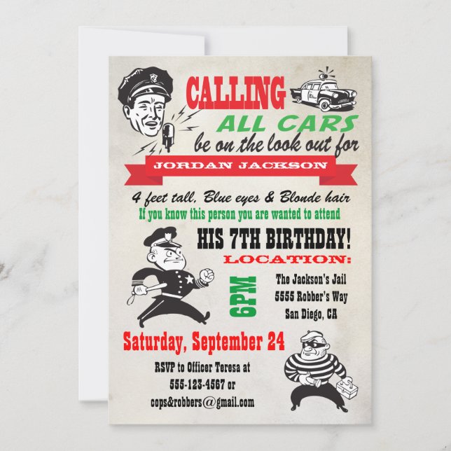 Cops and Robbers Birthday Party Invitation (Front)