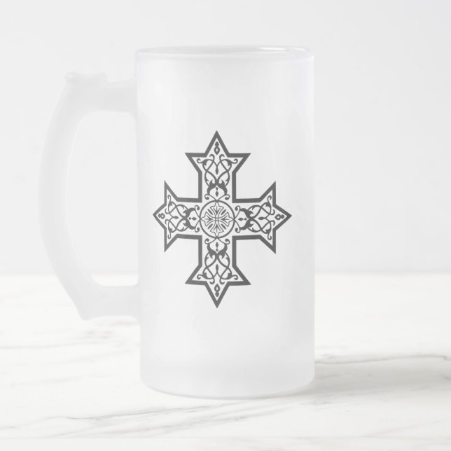 Coptic Cross Frosted Glass Beer Mug (Left)