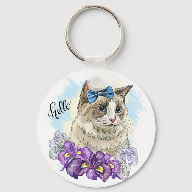 Copy of Hand drawing funny Cute cat with flowers Key Ring (Front)