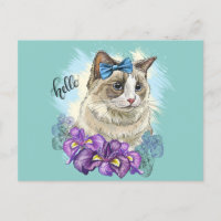 Copy of Hand drawing funny Cute cat with flowers