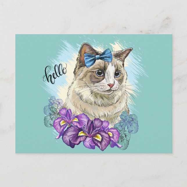 Copy of Hand drawing funny Cute cat with flowers Postcard (Front)