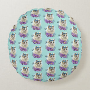 Copy of Hand drawing funny Cute cat with flowers Round Cushion