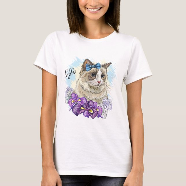Copy of Hand drawing funny Cute cat with flowers T-Shirt (Front)