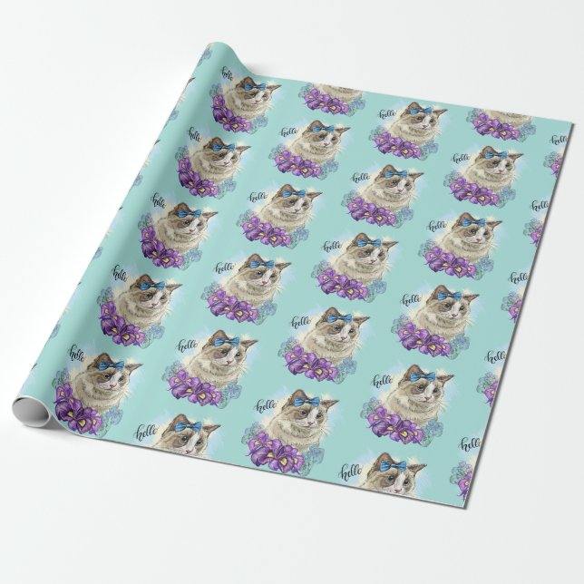 Copy of Hand drawing funny Cute cat with flowers Wrapping Paper (Unrolled)