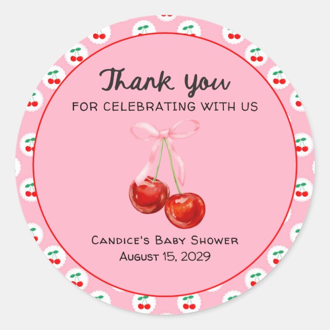 Coqette Cherry on Top Thank You Baby Shower  Classic Round Sticker (Front)