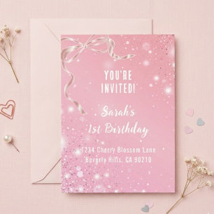 Coquette 1st Birthday Invitations Pink Bow