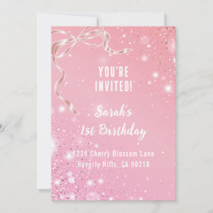 Coquette 1st Birthday Invitations Pink Bow 