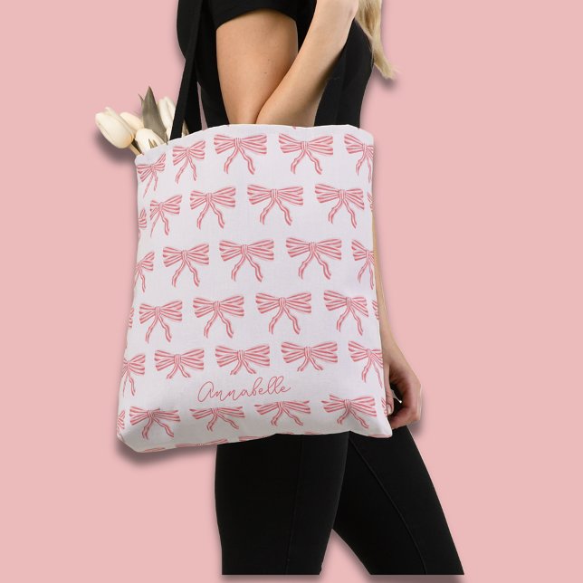Coquette Aesthetic Blush Pink Bow & first name Tote Bag (Coquette Pink bow tote bag, personalize with your own name or choice of text.)