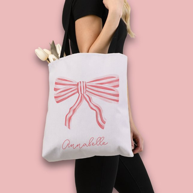 Coquette Aesthetic Blush Pink Bow & first name Tote Bag (Coquette Pink bow tote bag, personalize with your own name or choice of text.)