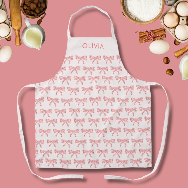 Coquette Aesthetic Blush pink bow girls Apron (Pink Bow apron with first name or choice of text.  Coquette aesthetic girly bows.)