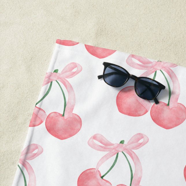 Coquette Aesthetic Bow Cherries Personalised Name Beach Towel (In Situ)