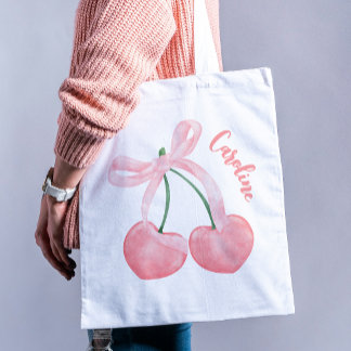 Coquette Aesthetic Cherries & Pink Bow Cute Girly Tote Bag