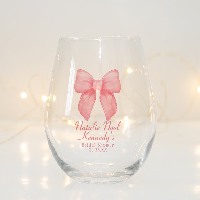 Coquette Aesthetic Cute Pink Bow Personalised Stemless Wine Glass (Creator Uploaded)