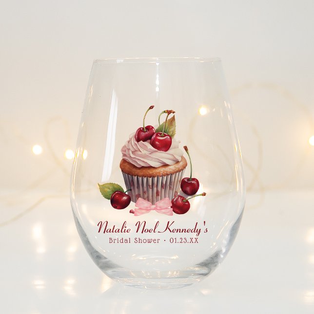 Coquette Aesthetic Pink Bow Cherry Personalised Stemless Wine Glass (Creator Uploaded)