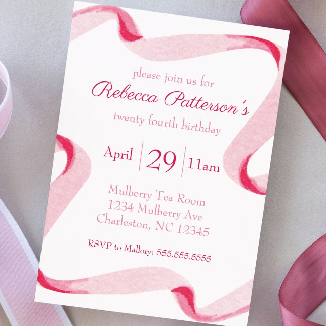 Coquette Aesthetic Pink Ribbon Feminine Bday Party Invitation (coquette aesthetic birthday party invitation pink ribbon feminine girly cute party invite watercolor)
