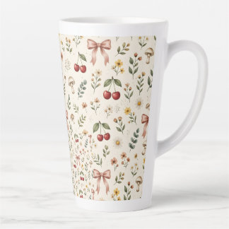 Coquette Aesthetic Red Cherry and Pink Ribbon Patt Latte Mug
