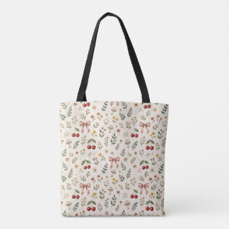 Coquette Aesthetic Red Cherry and Pink Ribbon Patt Tote Bag