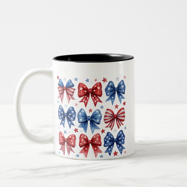 Coquette American Flag Coquette Bow 4th Of July  Two-Tone Coffee Mug (Left)