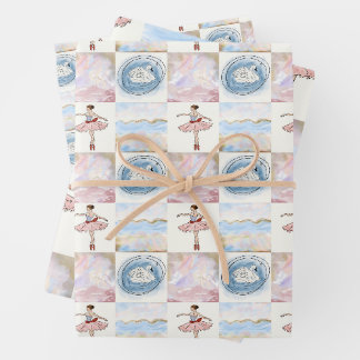 Coquette Ballerina and Swan Pastel Grid Seamless  Wrapping Paper Sheet