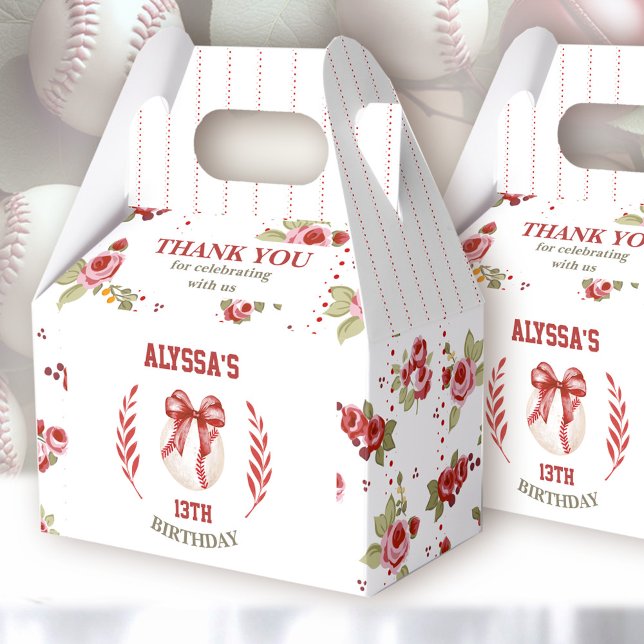 Coquette Baseball Red Bow Floral Modern Birthday Favour Box (Coquette Baseball Modern Favor Boxs - You can choose from 3 sizes by clicking on the STYLE dropbox)