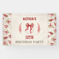 Coquette Baseball Red Bow Floral Vintage Banner