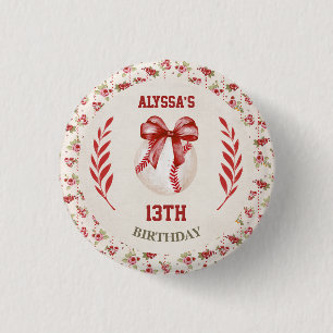 Coquette Baseball Red Bow Floral Vintage Birthday 3 Cm Round Badge
