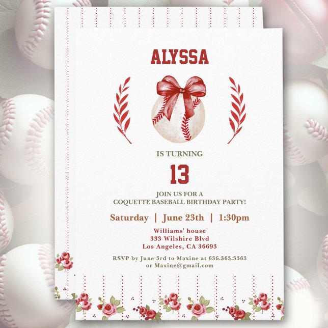 Coquette Baseball Red Bow Modern Girl Birthday Invitation (Coquette Baseball Red Bow Floral Modern Birthday Invitation)