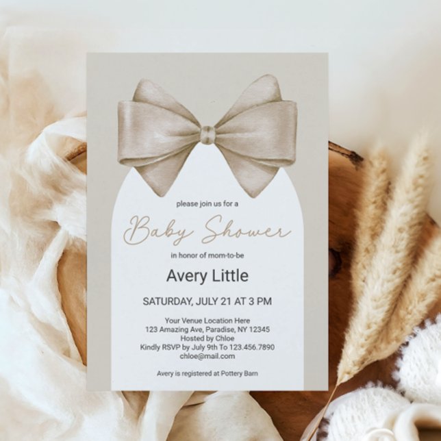 Coquette Beige Bow Modern Boho Baby Shower Invitation (Creator Uploaded)