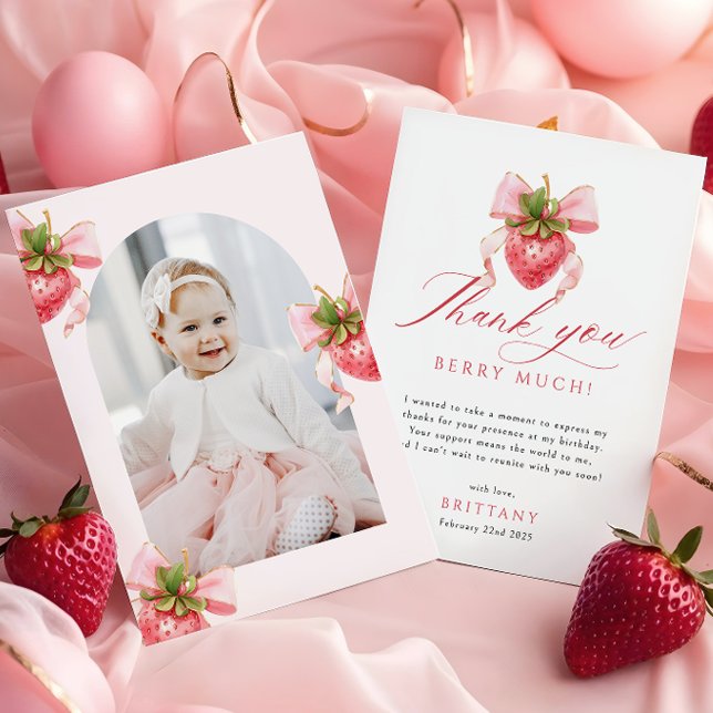 Coquette Berry First Birthday Photo Thank You Card (Creator Uploaded)