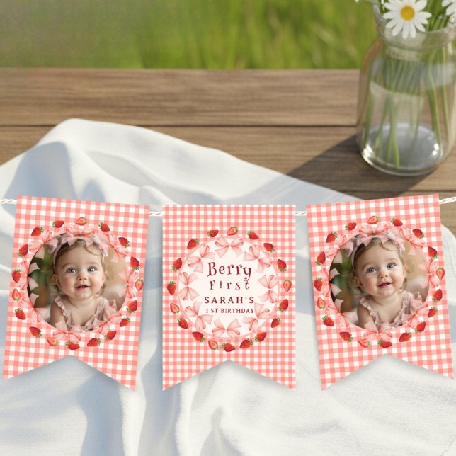 Coquette Berry First Birthday Red Gingham Photo Bunting (Coquette Berry First Birthday Red Gingham Photo Bunting Flags)