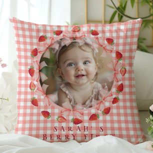 Coquette Berry First Birthday Red Gingham Photo  Cushion
