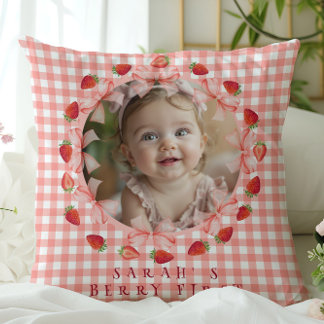 Coquette Berry First Birthday Red Gingham Photo Cushion