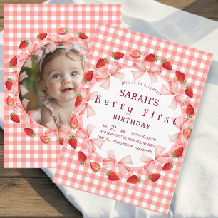 Coquette Berry First Birthday Red Gingham Photo Invitation